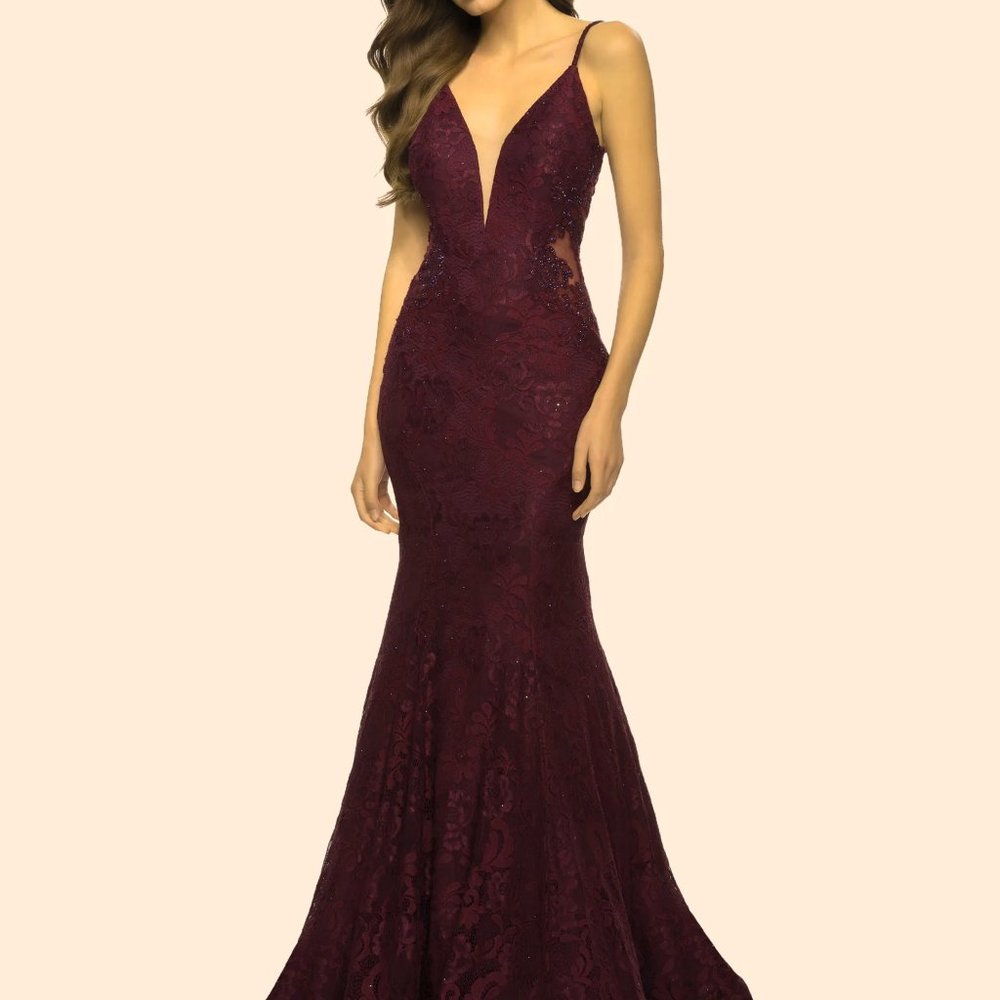 La Femme Dark Berry Sparkle Lace Mermaid Gown - Picture 5 of 6